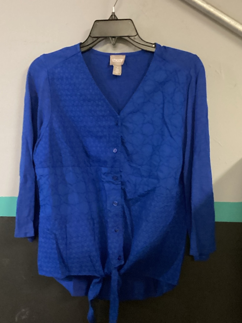 Chico's Cobalt Blue Button-Front V-Neck Tie-Hem Blouse
